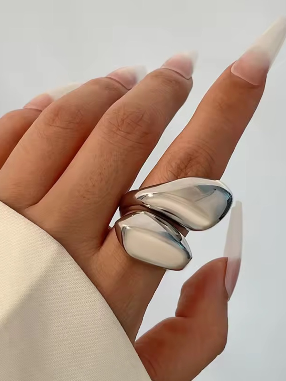 Anthropologie Polished Silver Double-Teardrop Statement Ring